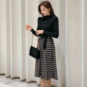 A-Line Dress With Hound's Tooth Pattern And Turtleneck