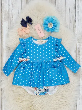 Blue Polka Dot & Floral Ruffle Bubble