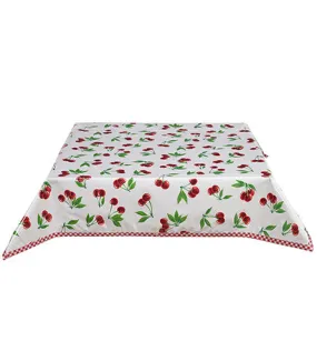 Cherry White Oilcloth Tablecloths with Red Gingham Trim