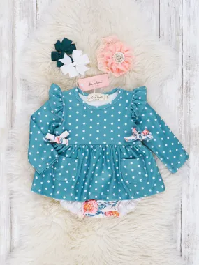 Dark Teal Polka Dot & Floral Ruffle Bubble