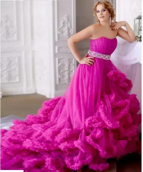 G323, Hot Pink Puffy Cloud Trail Big Ball Gown, (All Sizes)