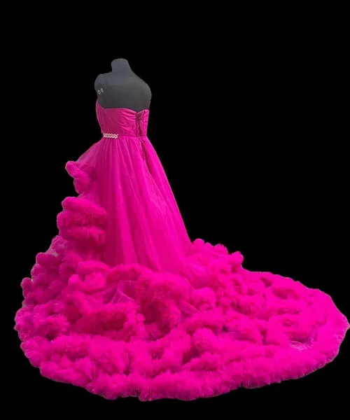 G323, Hot Pink Puffy Cloud Trail Big Ball Gown, (All Sizes)