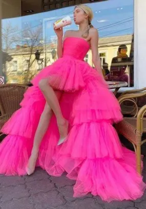 G940, Hot Pink Layered Front Short Long Trail Ball Gown,  Size - (All Sizes)