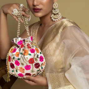 Glittering Garden Pink and Orange Embroidered Potli Bag