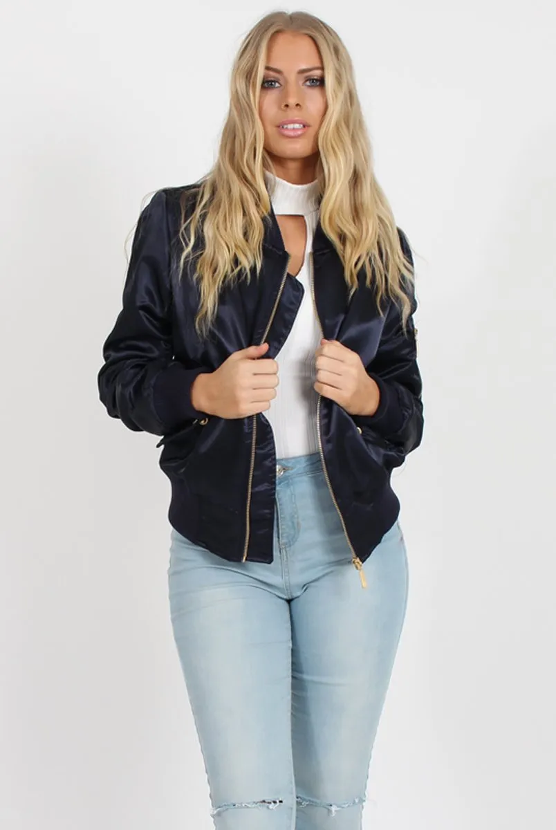 Navy Satin Bomber Jacket - Neve