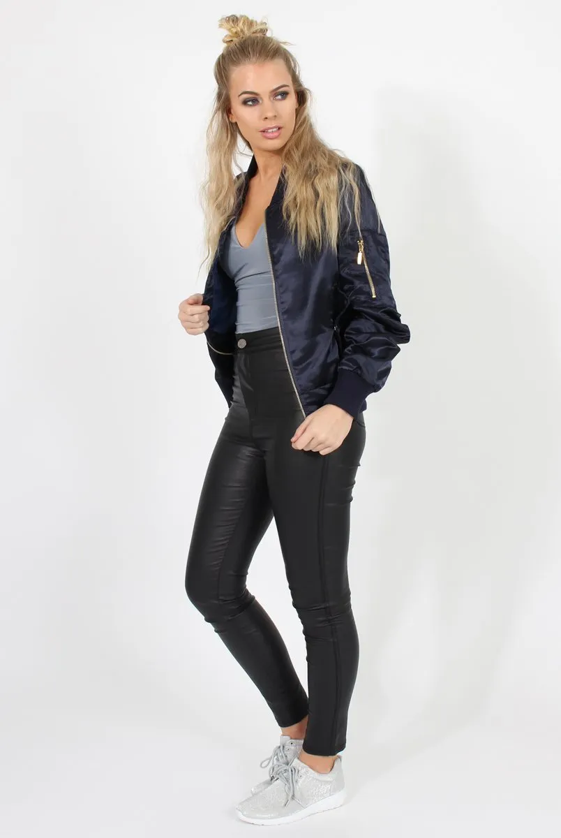 Navy Satin Bomber Jacket - Neve