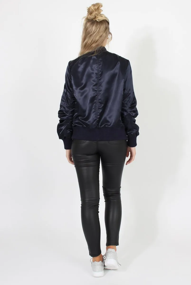 Navy Satin Bomber Jacket - Neve