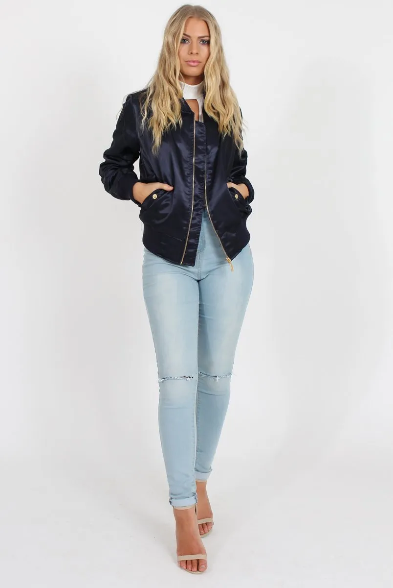 Navy Satin Bomber Jacket - Neve