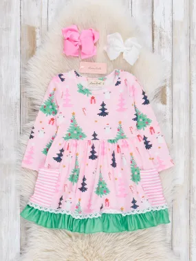 Pink & Green Holiday Forest Ruffle Dress