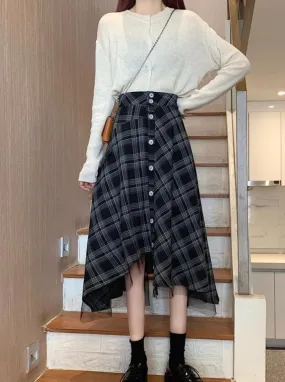 Plaid Button-Down Skirt With Laced Hem