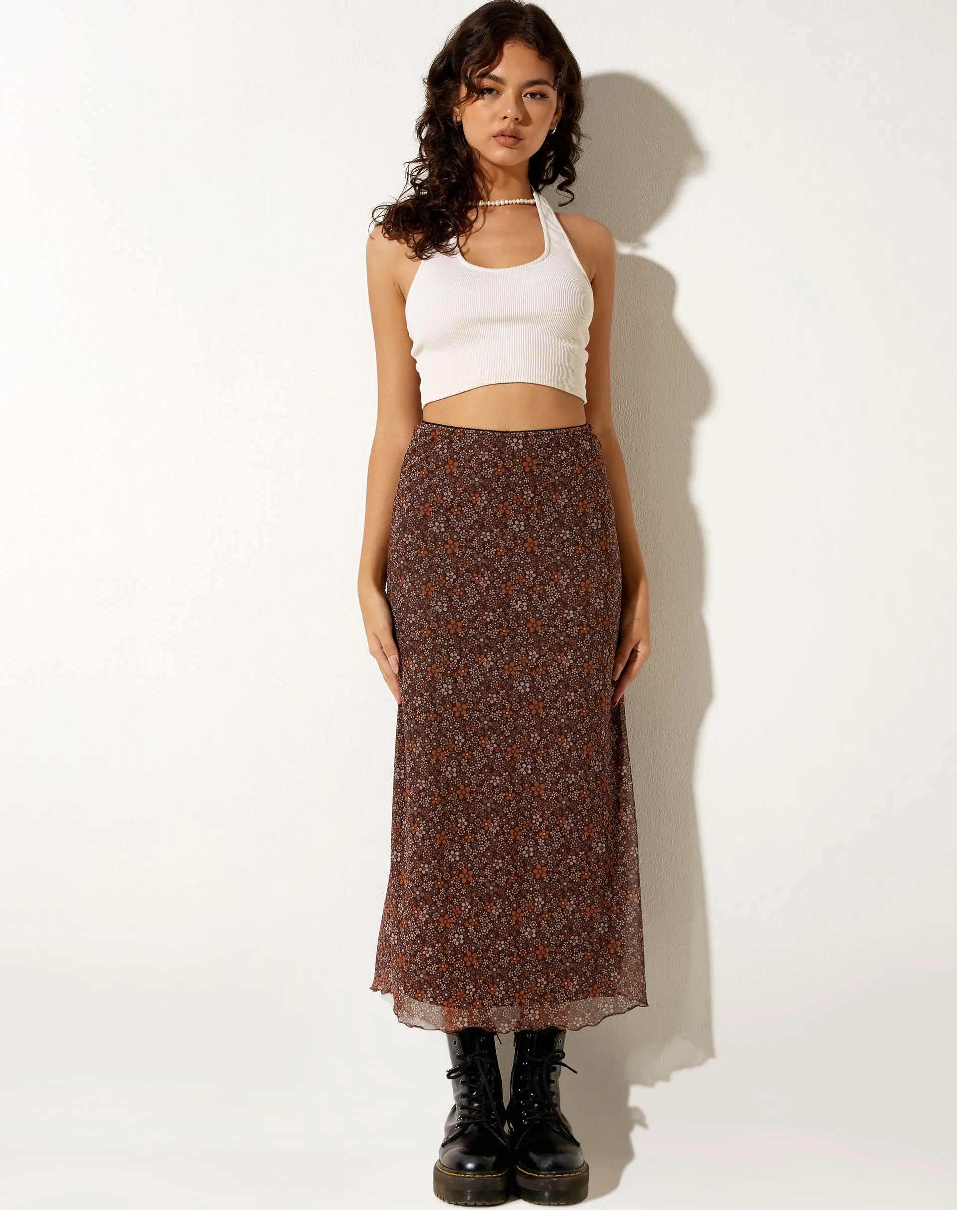 Rindu Midi Skirt in Flower Garden Brown