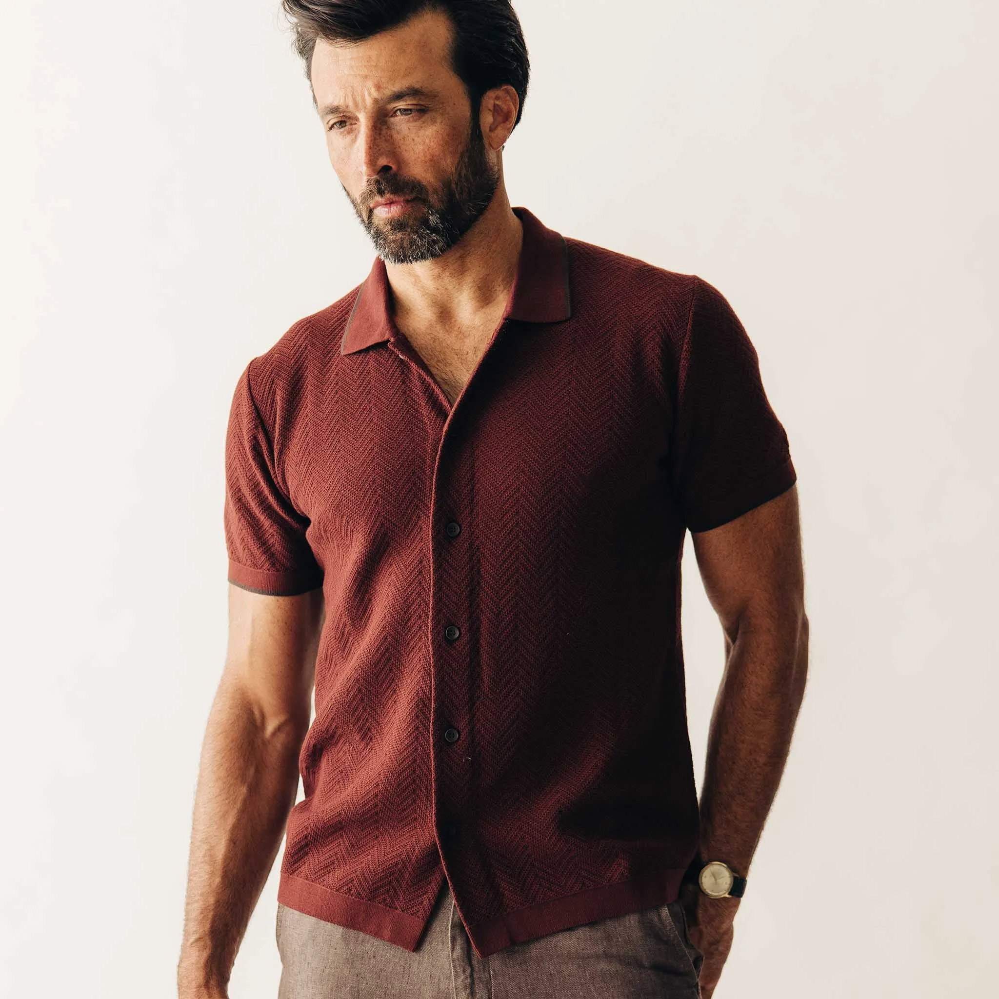 The Button Down Polo in Dried Cherry Herringbone