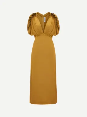 V-Neck Ruffle Midi Dress in Harvest Gold